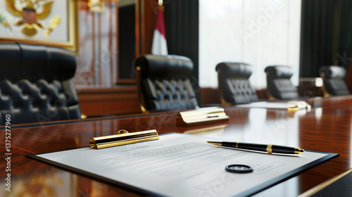 Close-up of an official presidential pardon document with wax seal and quill pen on wooden desk, blurred courtroom background, symbolizing legal authority in stock photography style.