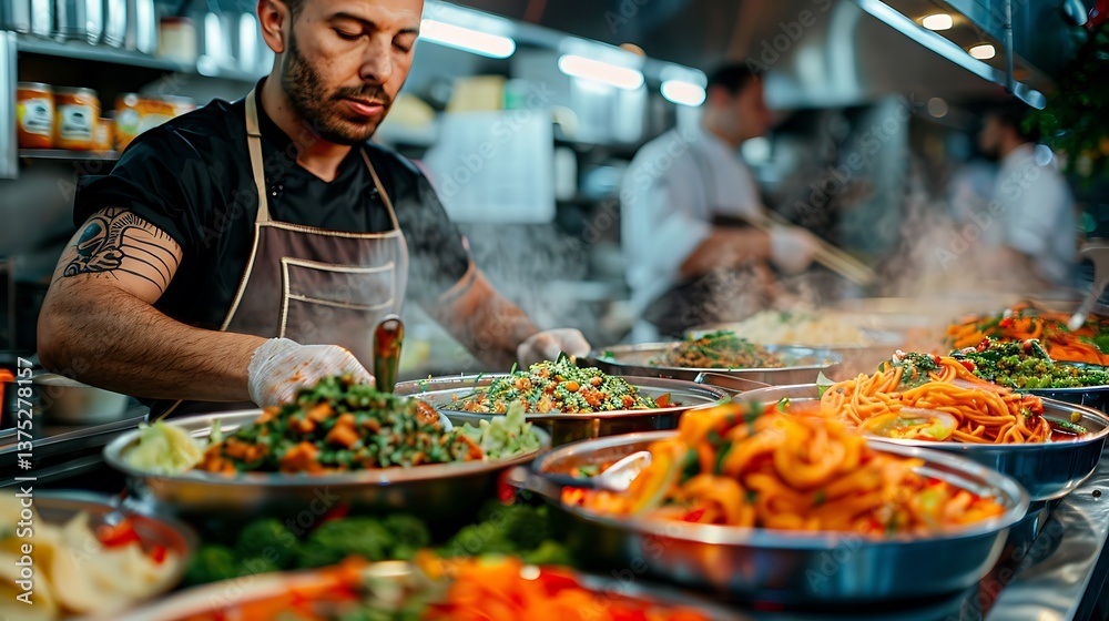 Obraz premium Chef Preparing Delicious and Steaming Hot Food in a Busy Restaurant Kitchen