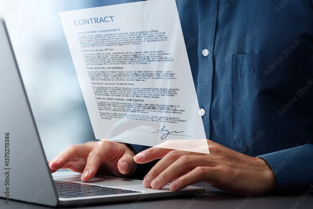 Signing electronic contract agreement with digital signature. Technologies of authentication and certification system. Businessman using laptop computer at desk in office.