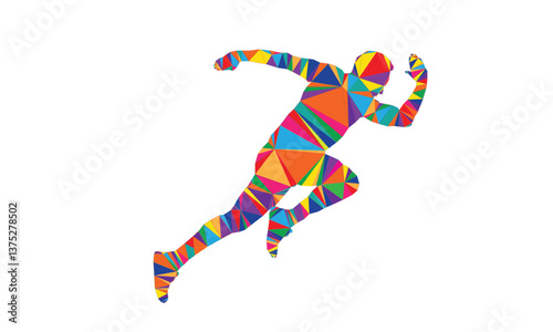 "The vector art depicts a running man formed from abstract polygonal shapes, capturing the intensity and passion of a marathon sport event."

