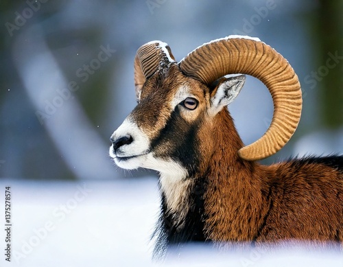 European mouflon (Ovis orientalis musimon), Aries stands in the snow, animal portrait, Vulka.j