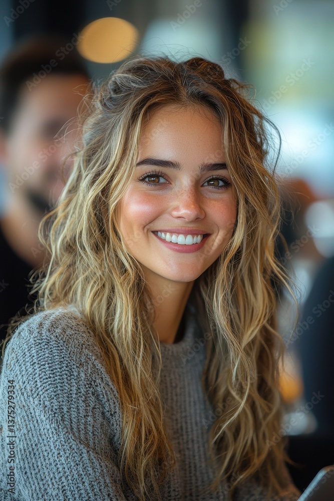 Fototapeta premium Smiling Woman with Wavy Hair Sitting in a Cafe Setting
