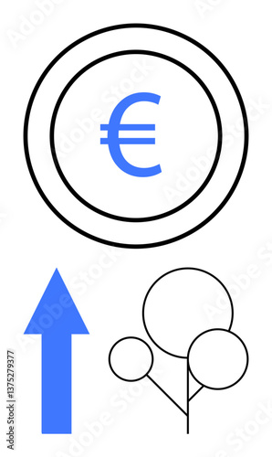 Euro symbol in circle representing economy, upward arrow for progress, and abstract tree symbolizing sustainability. Ideal for finance, investment, sustainability, growth, eco-friendliness