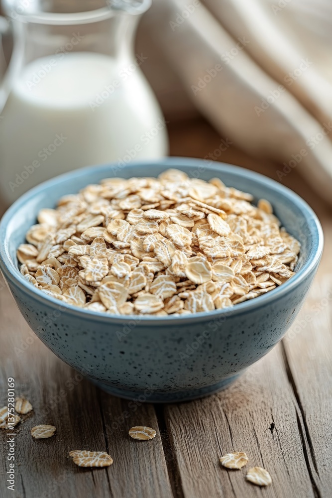 Cozy wooden table setting with bowl of muesli cereals and carafe of milk for a bright morning breakfast scene Cozy wooden table setting with bowl of muesli cereals and carafe of milk for a bright morning breakfast scene