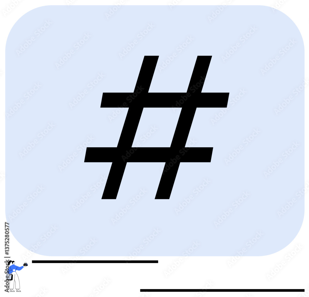 Obraz premium metadata tag symbol centered on soft blue background alongside minimal figure interacting with descending black lines. Ideal for social media, digital marketing, online trends, connectivity