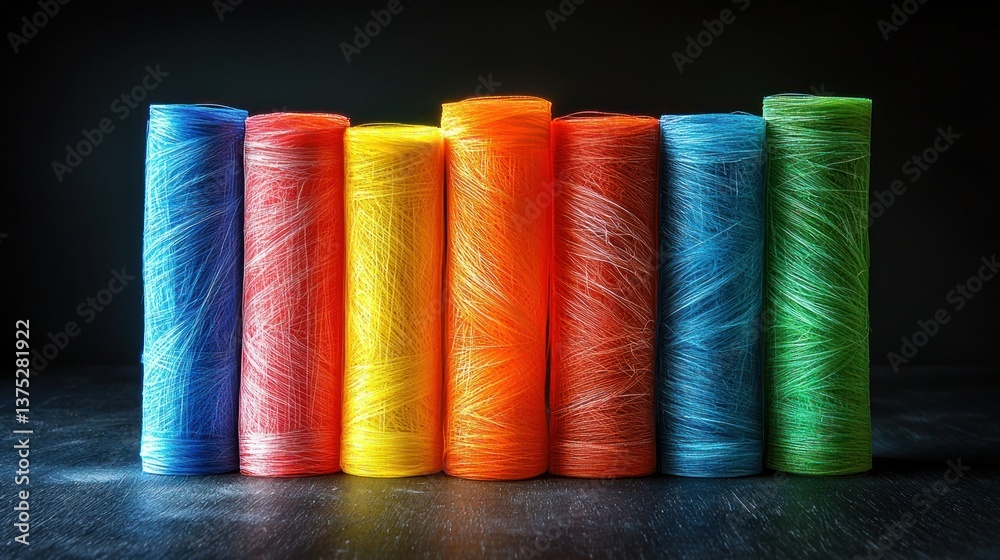 Vibrant Rainbow Colored Threads Spools in a Dark Background Vibrant Rainbow Colored Threads Spools in a Dark Background