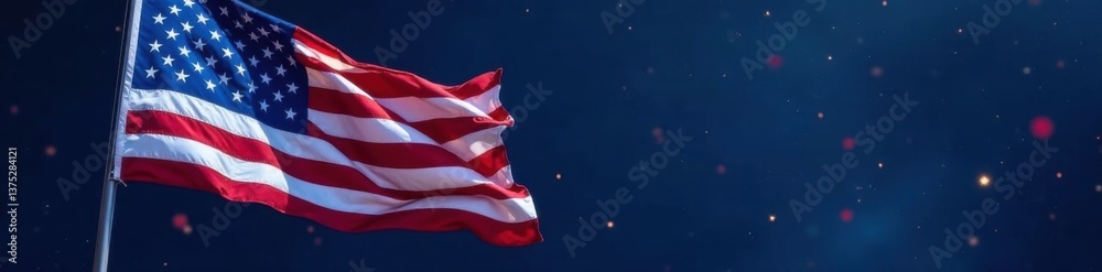 American flag waving in the wind on a dark background with subtle star twinkling effect, flag, wave, movement American flag waving in the wind on a dark background with subtle star twinkling effect, flag, wave, movement