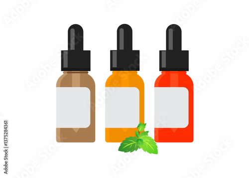 Glass essential oil bottle with pipette on white background