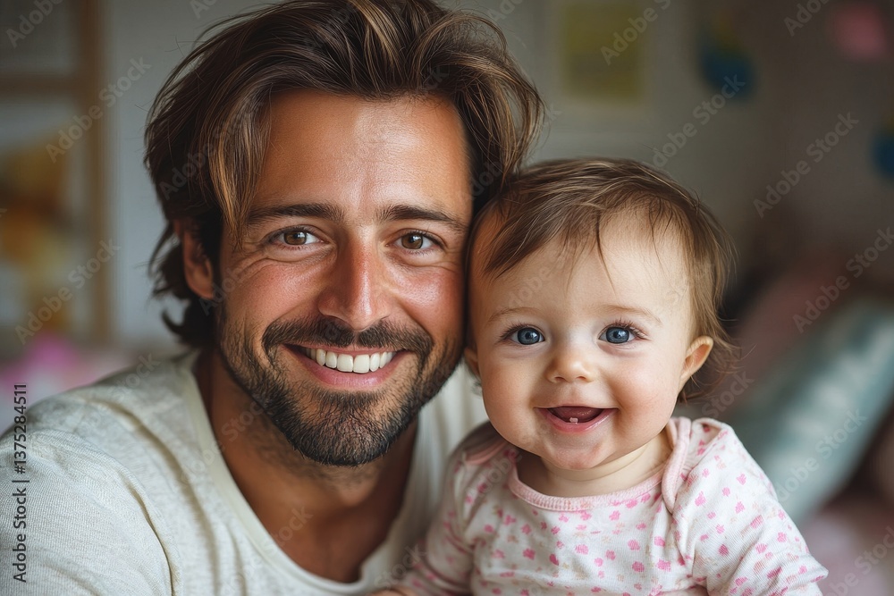 Portrait of a smiling loving dad with a cute happy baby at home created with Generative AI Portrait of a smiling loving dad with a cute happy baby at home created with Generative AI