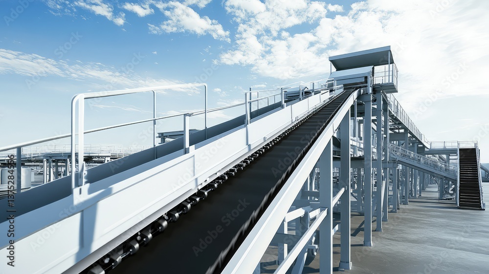 A side view of a packaging conveyor system with a clear, open sky above, ideal for logos or copy placement. A side view of a packaging conveyor system with a clear, open sky above, ideal for logos or copy placement.