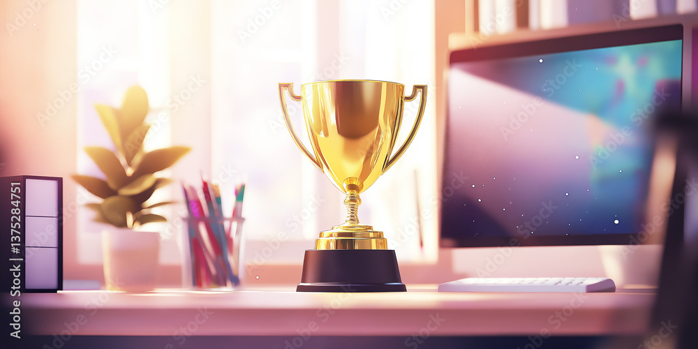 Motivational Success: Golden Trophy on a Polished Desk with Inspirational Glow in the Background