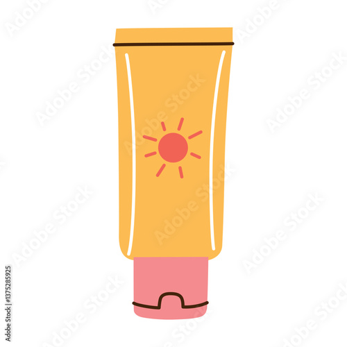 Flat cartoon illustration of sunscreen lotion tube with sun symbol. Doodle vector icon for summer skincare, UV protection, beach vacations, travel to tropical resorts, isolated colored clipart