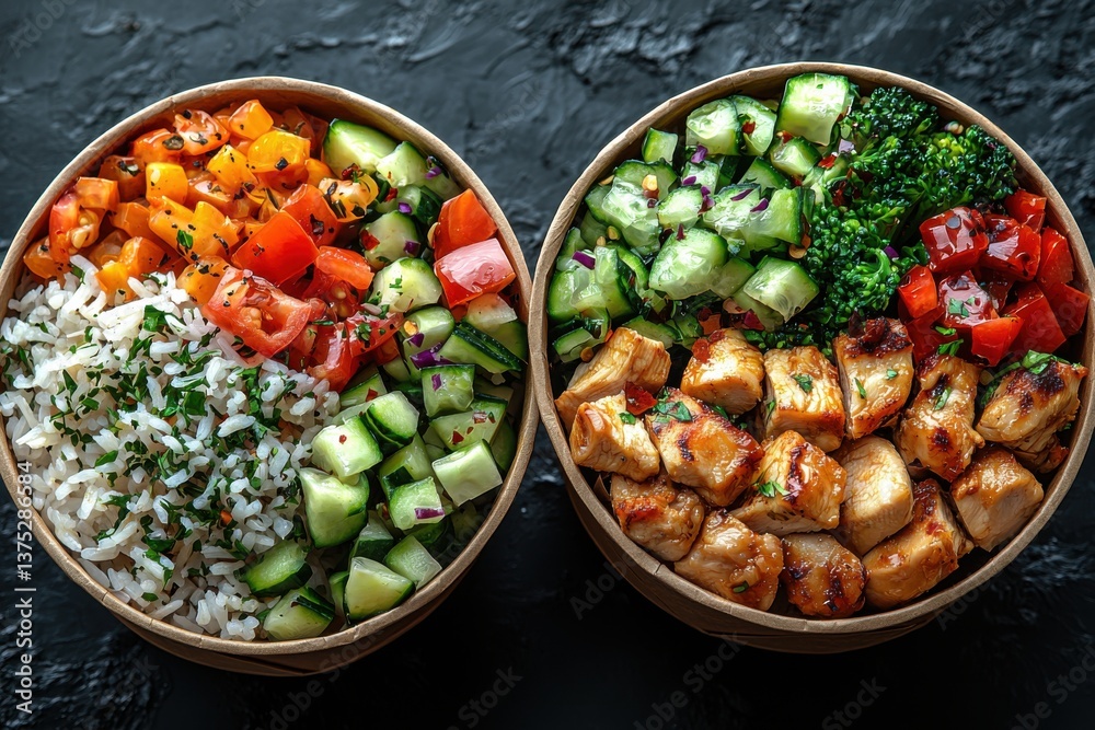 Delicious takeout bowls with chicken, rice, and fresh vegetable toppings