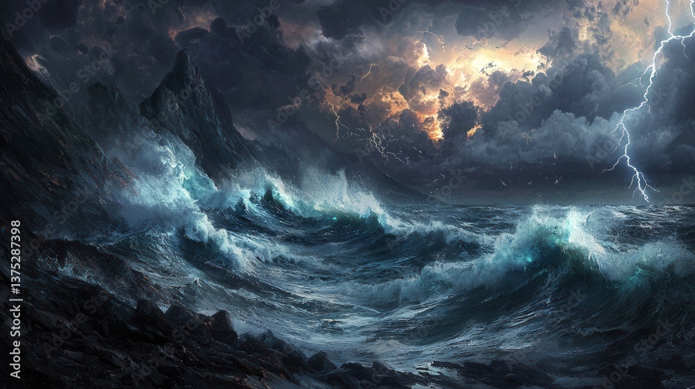 Fototapeta premium a dramatic seascape with massive waves crashing against jagged cliffs, dark storm clouds overhead, and lightning illuminating the horizon.