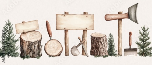 Deforestation warning signs posted on wooden fence, surrounding stumps and replanting tools, awareness concept, watercolor style