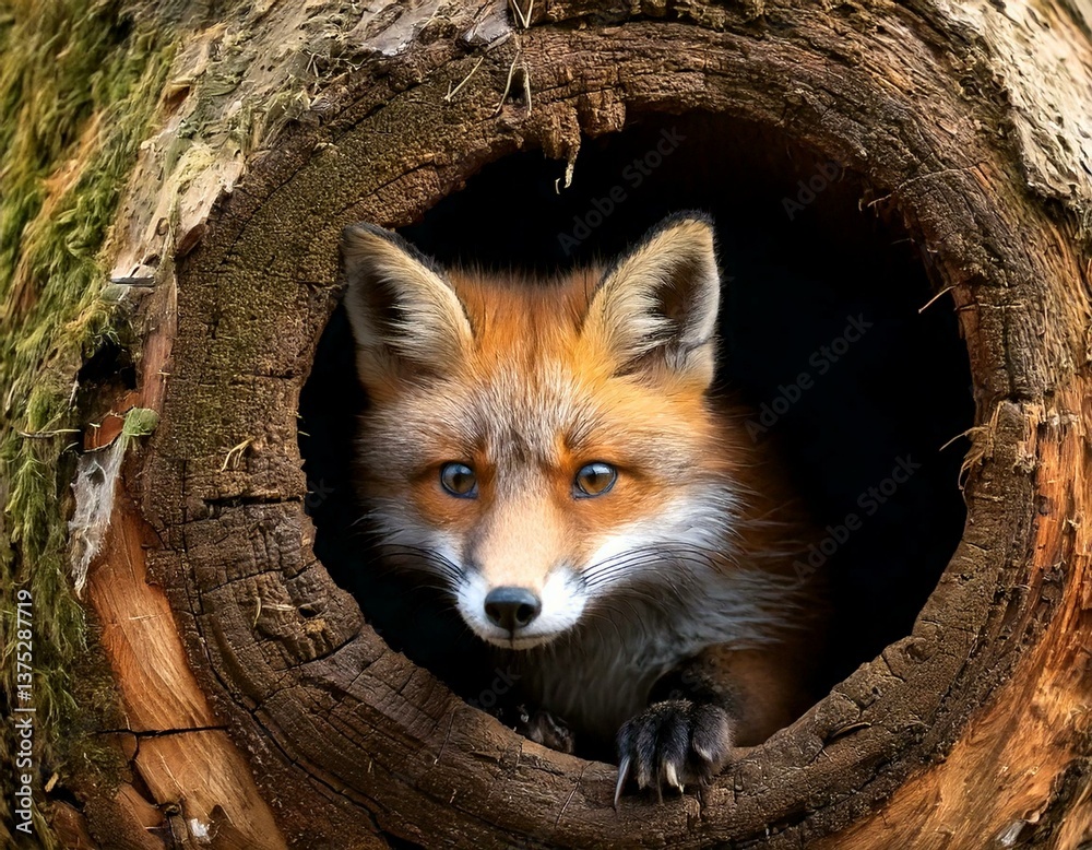 Fototapeta premium Red fox (Vulpes vulpes) in a hollow tree trunk