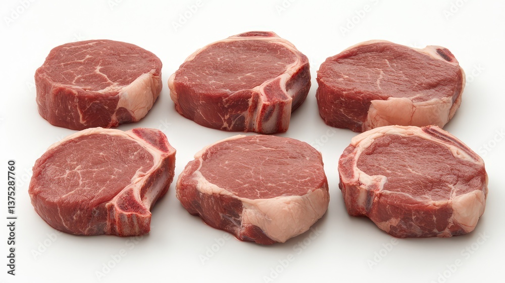 A top-down view of raw veal chops and steaks with space above for text or branding. A top-down view of raw veal chops and steaks with space above for text or branding.