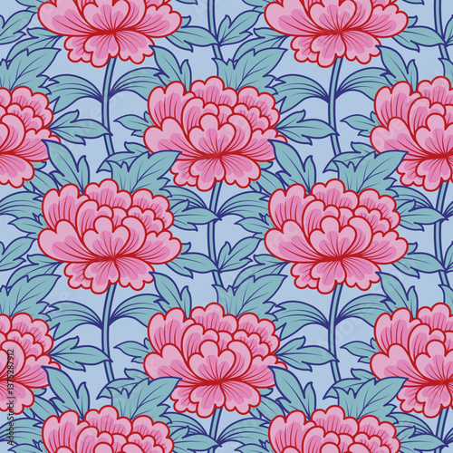 Seamless pattern with pink peony flowers on light blue background. Floral Chinese wallpaper. Oriental vibes illustration. Chinoiserie design.
