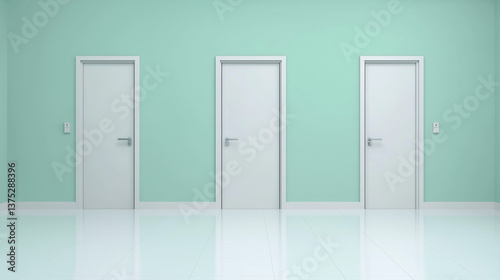 Three Doors: A minimalist composition of three identical closed doors, set against a serene, light teal wall and reflective flooring, creating a sense of space and inviting contemplation.