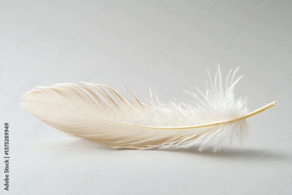 Obraz premium A single white feather displayed against a light grey background