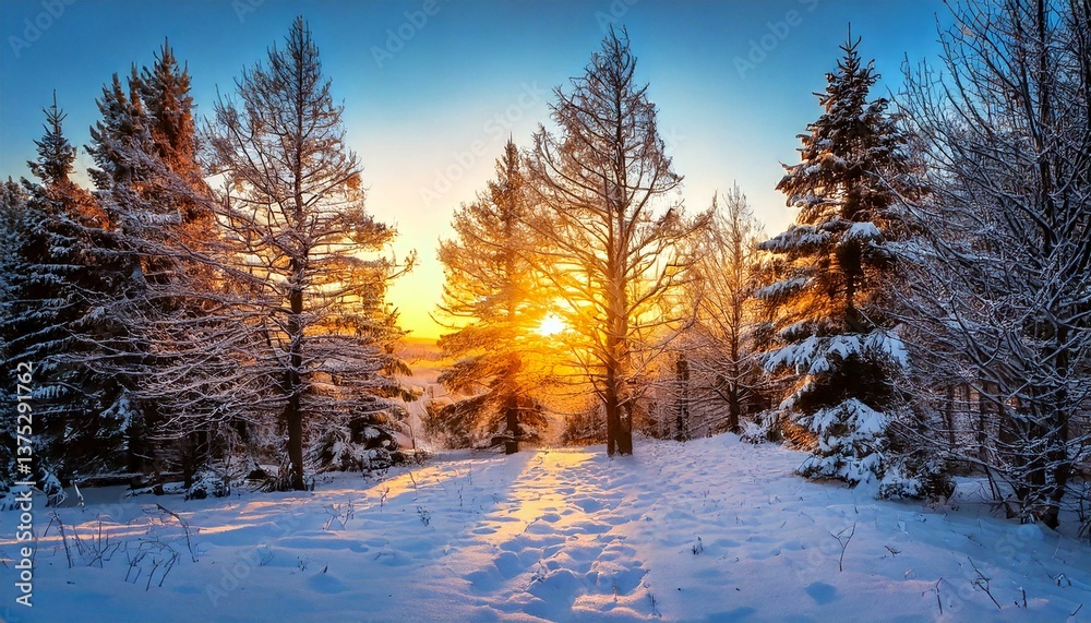 Naklejka premium Sunset in a winter forest.