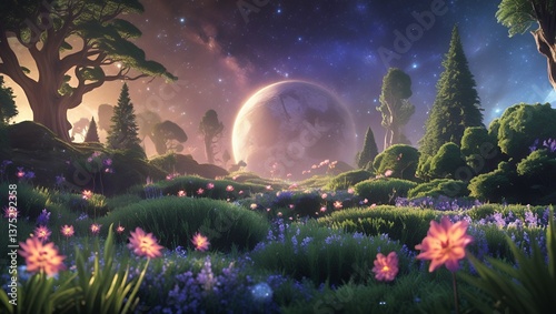 Illustration of a beautiful natural landscape of bioluminescent flowers and trees with the cosmos and the moon in the background