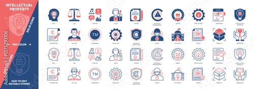 Intellectual Property icon set. Idea, Judge, Secret, Content, Author, Copyright Infringement, Patent, Invention. Duotone color solid and editable outline icons