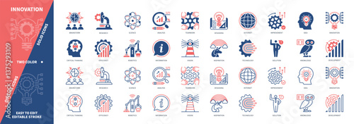 Innovation icon set. Brainstorm, Technology, Teamwork, Idea, Designing, Development, Research, Critical Thinking. Duotone color solid and editable outline icons