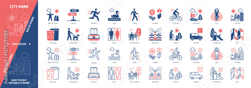 Park icon set. Pond, Fountain, Dog Walking, Running, Yoga, Hiking, Playground, Sport Activities. Duotone color solid and editable outline icons