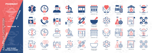 Pharmacy icon set. Consultation, Bandage, Prescription, Laboratory Tube, Pharmacist, Syringe, Medication, Doze. Duotone color solid and editable outline icons