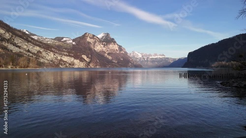 Wallpaper Mural Calm Lake Walen Walenstadt Walensee Switzerland Swiss Alps valley mountains, aerial drone Torontodigital.ca