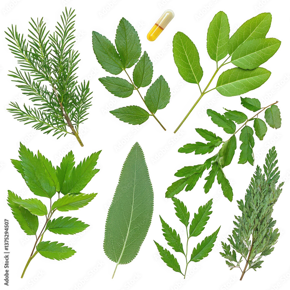Fototapeta premium Varied leaves and herbs displaying rich textures and colors isolated on a transparent background for culinary uses