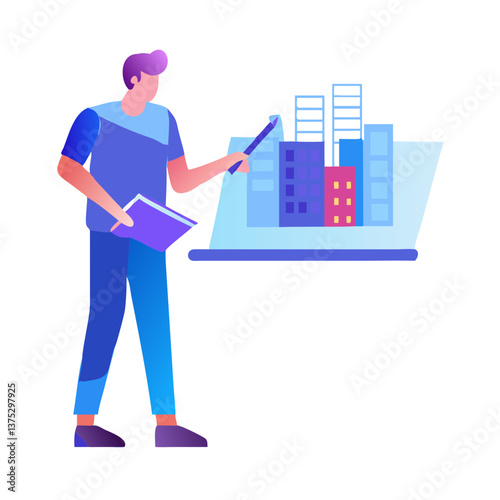  *"Urban planner designing cityscape, minimalist linear icon in soft pink and blue on white background with copy space"*  