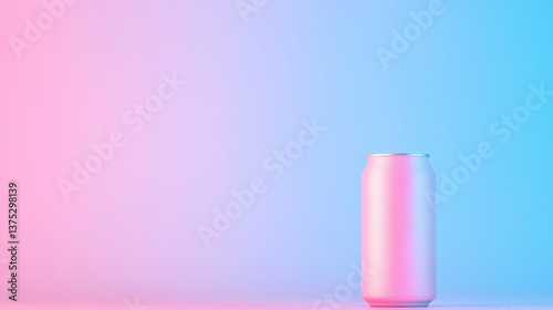 Metallic Can in Neon Light, Shiny aluminum can on pink and blue background