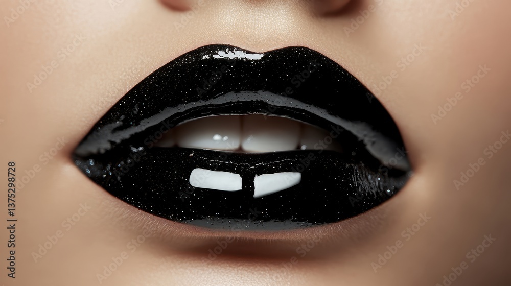 Fototapeta premium Beautiful Young woman with black lips on dark background,closeup face lady in studio background,smooth and glow skin. sexy beauty, healthy and girl or female with makeup.