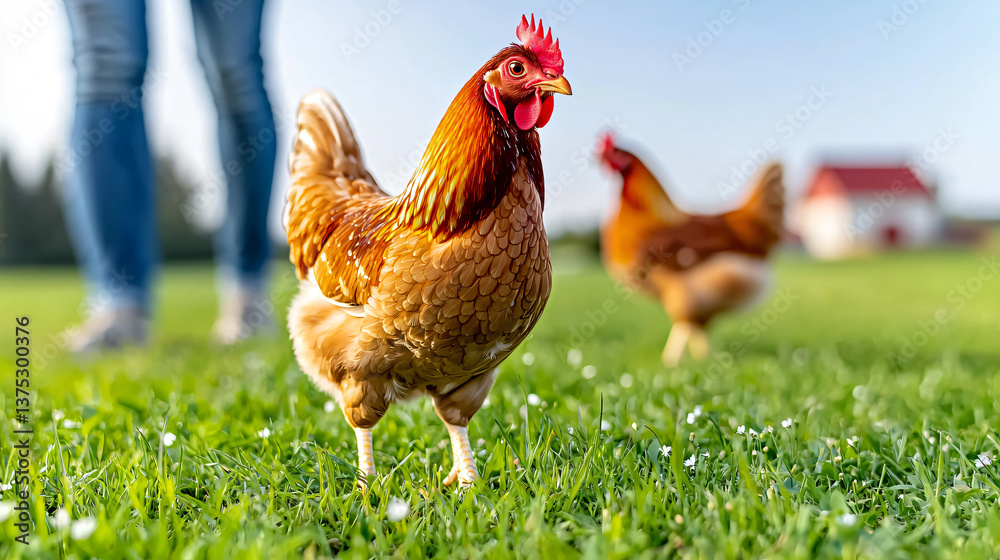 Fototapeta premium Brown Chickens Roaming Freely in a Lush Green Pasture Under a Bright Blue Sky on a Summer Day