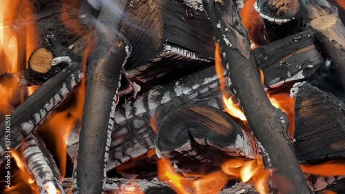 Bonfire in the yard. Preparation for a picnic, barbecue at the campfire, rest at the end of the week. Firewood is burning in the barbecue, it is very hot. Flame from dry firewood, fuel for cooking