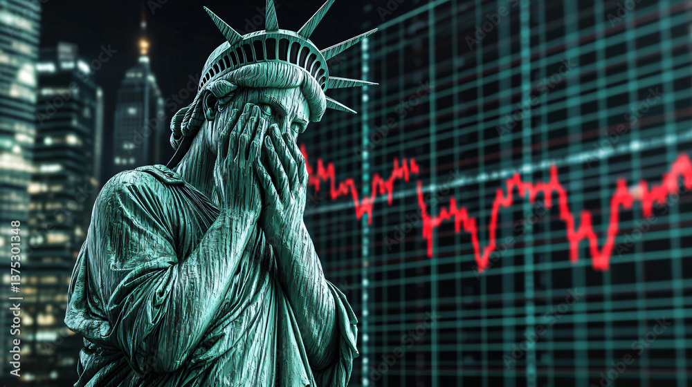 Fototapeta premium Dismayed Liberty Statue Amidst Economic Recession Showing Market Plunge with Cityscape Backdrop