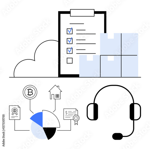 Checklist with storage boxes, pie chart, cryptocurrency, real estate, certificates, and headset. Ideal for logistics, customer support, organization financial services communication trade