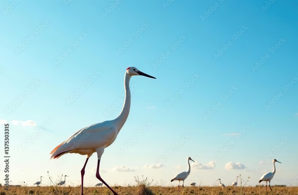 Fototapeta premium Freedom banner theme with Stork family on blue sky background. Placard with Stork and Empty space for text. Peace concept.
