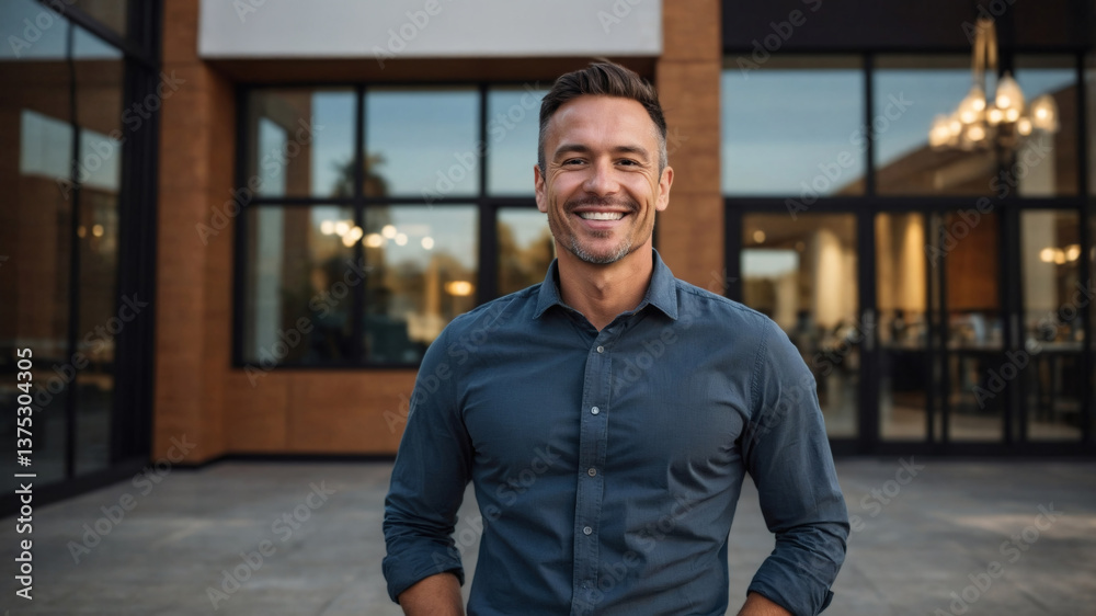 Fototapeta premium Confident man standing outdoors in front of a modern building, looking towards the camera with a warm, welcoming smile.