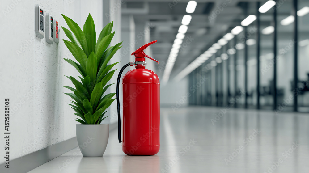 Obraz premium Red Fire Extinguisher and Green Plant in Office Hallway Safety and Decoration Together Arrangement
