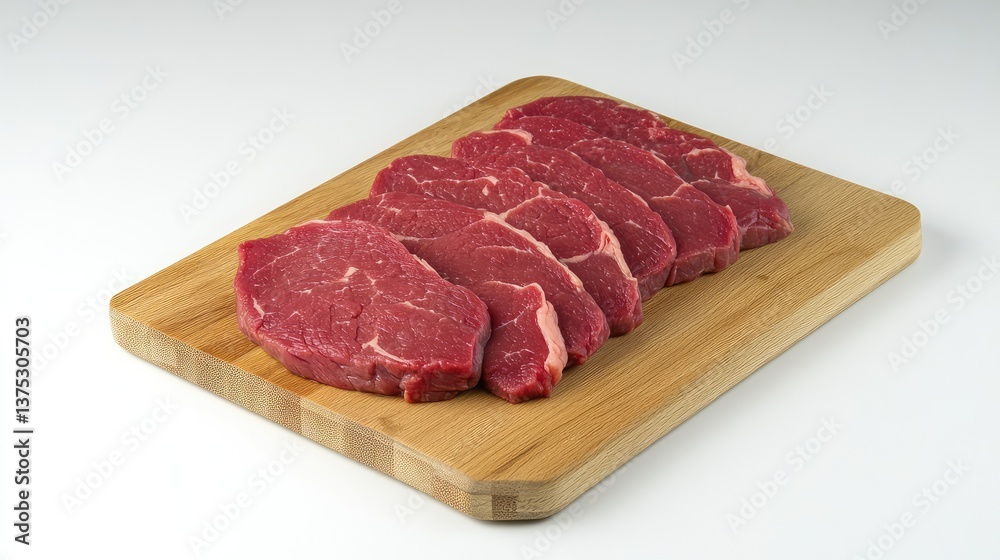 Fresh cuts of red beef steak arranged on a clean wooden cutting board with ample space above for text or branding. Fresh cuts of red beef steak arranged on a clean wooden cutting board with ample space above for text or branding.
