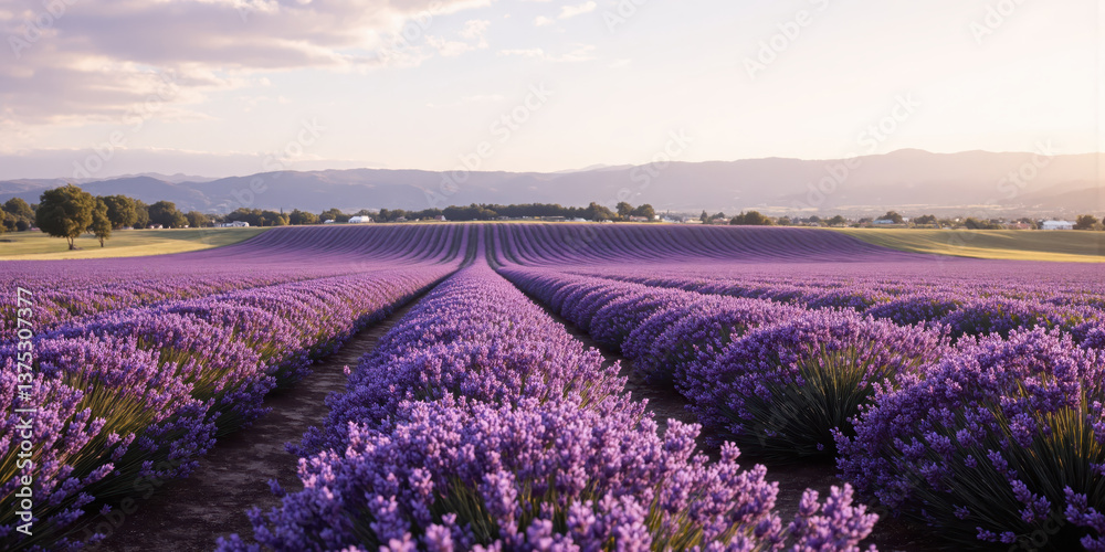 Obraz premium Vast Lavender Fields with Soft Horizon Endless rows of lavender stretch across the landscape, their purple flowers vibrant against