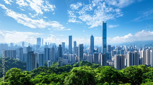 Urban Vista of Shenzhen Cityscape Featuring Modern Architecture and Lush Greenery on a Sunny Day