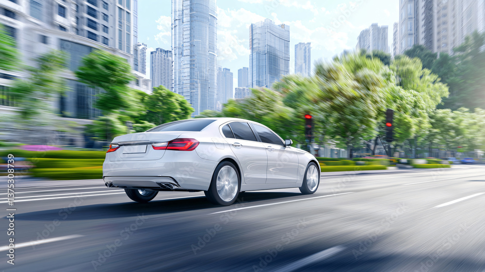 Fototapeta premium White Sedan in Motion on a City Street with Modern Buildings and Lush Greenery in Urban Environment