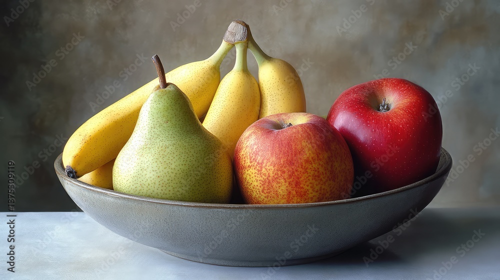 Organic apples, pears, and bananas arranged in a storage bowl on a clean countertop with clear space for copy above.