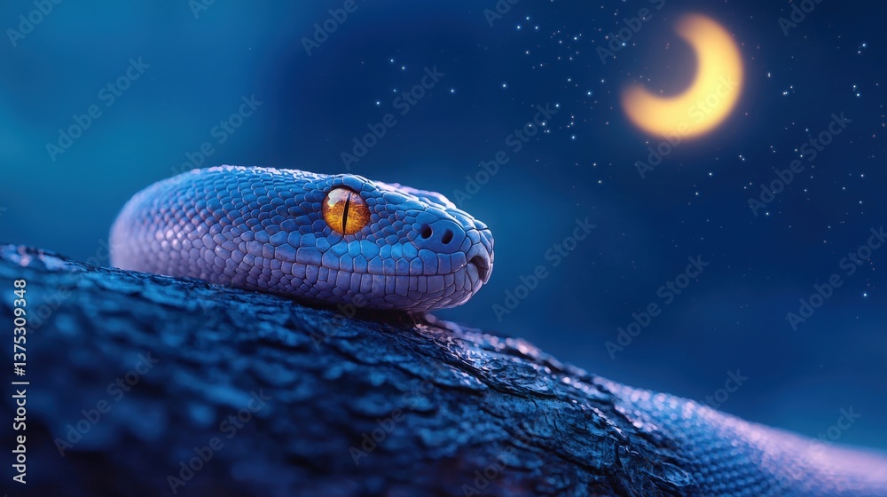 Fototapeta premium Night Serpent, Blue snake at night under crescent moon