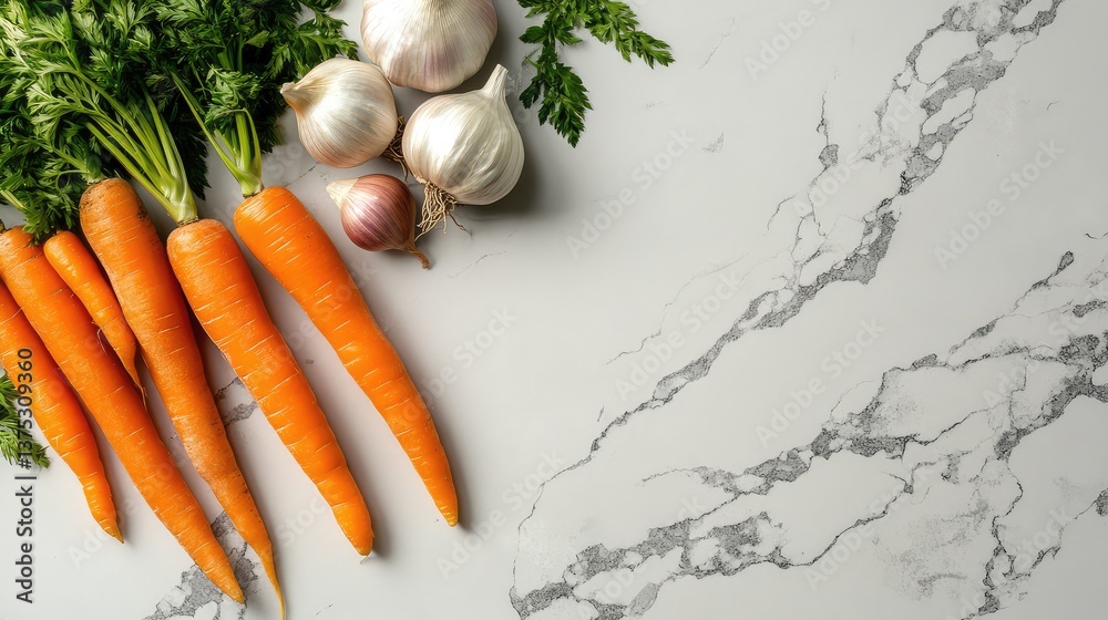 Organic carrots, garlic, and onions arranged on a clean countertop, with ample space above for text.