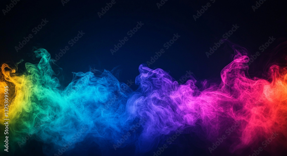 Fototapeta premium Colorful smoke waves create vibrant and dynamic abstract background, blending hues of blue, green, yellow, pink, and purple against dark backdrop